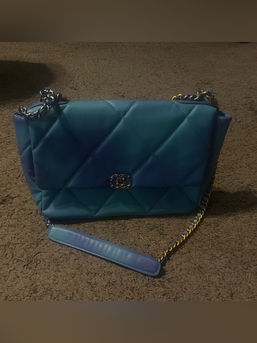 Source Unknown Ombre Teal to Navy Quilted Shoulder Bag with Gold & Silver Chain